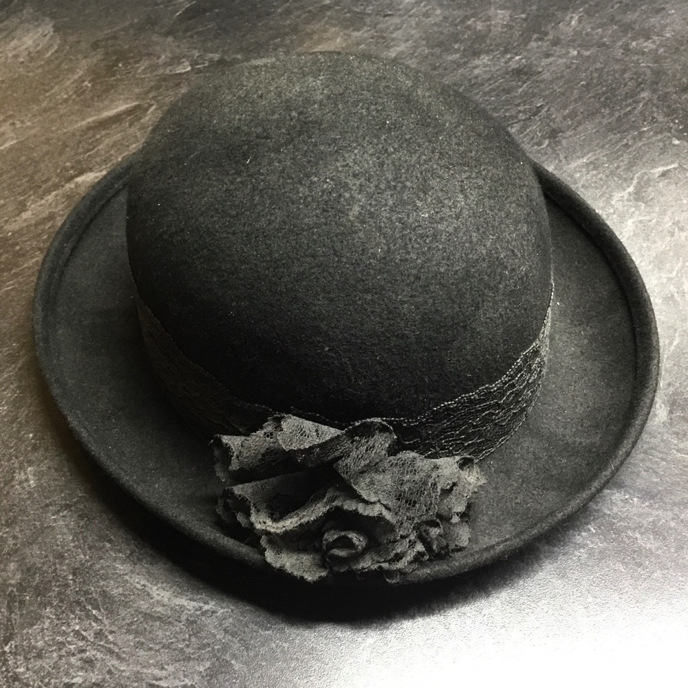 Vintage 80s Jet Black Bowler Style Hat with Flirty Ruffled Bow